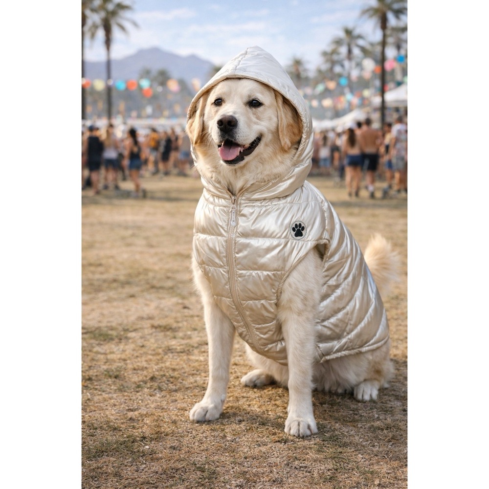 Little Paws Acres Dog Puffer Vest Hooded Gold Metallic Sherpa Lined Size L